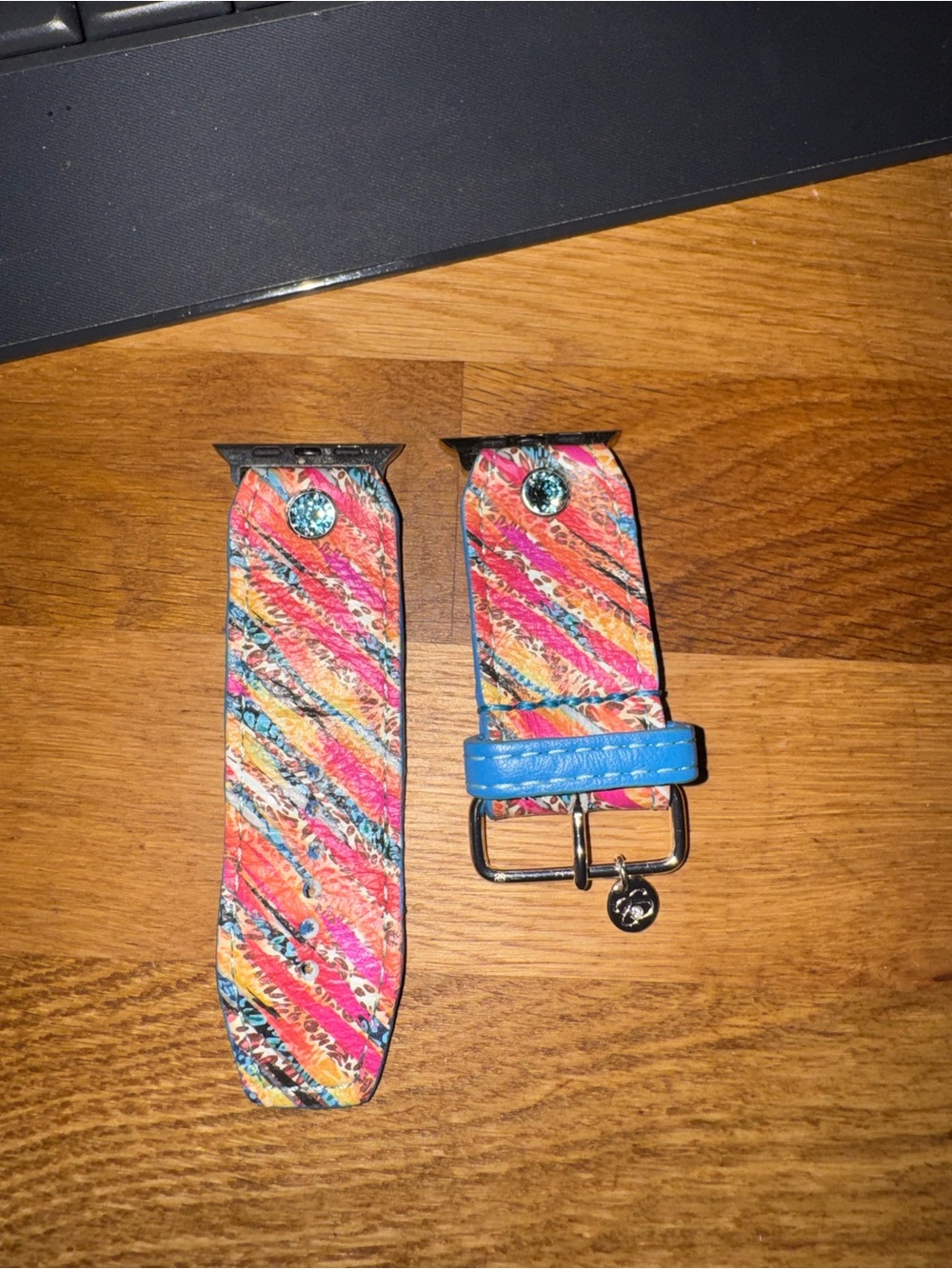 Multicolor Diagonal Stripe Leather Watch Band with Blue Loop
